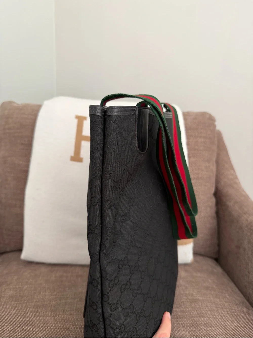 Gucci authentic black monogram canvas tote bag red green ribbon handles